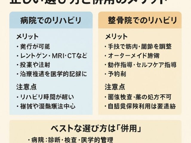 交通事故後のリハビリは整骨院と病院どっち？正しい選び方と併用のメリット