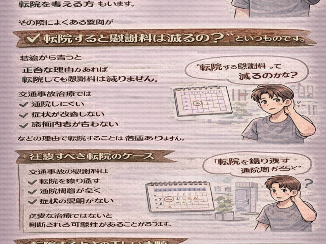 転院は慰謝料に影響する？交通事故治療で整骨院を変えるとどうなる？/江東区北砂